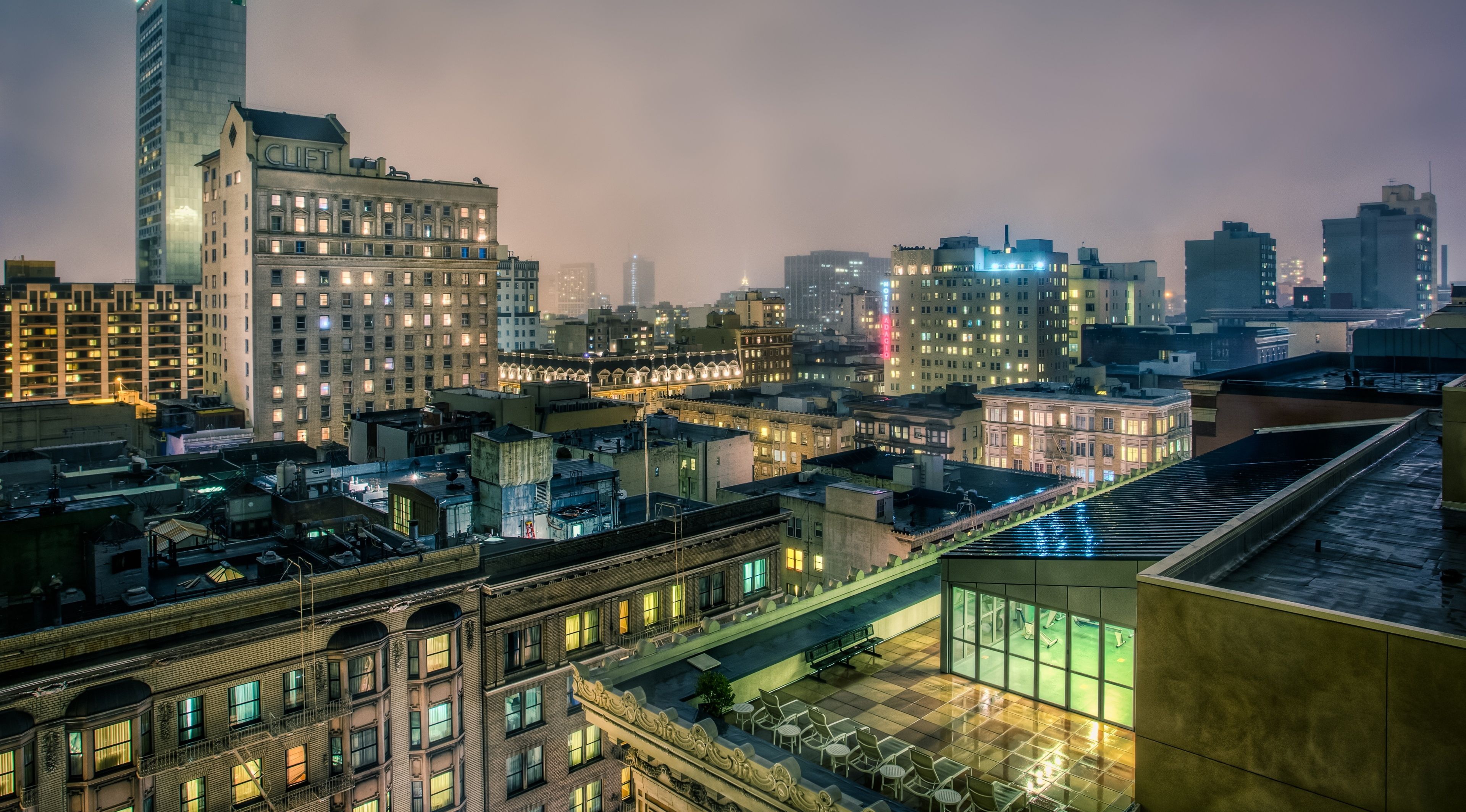 skyscraper rooftop night background