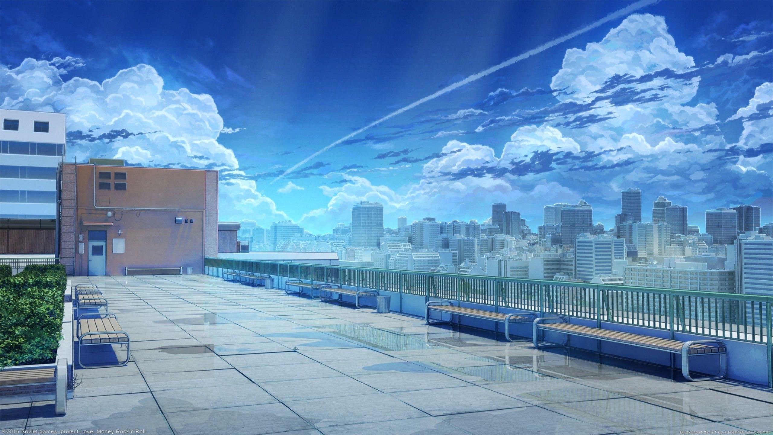 Anime Landscape School Rooftop Sky Clouds Cityscape Buildings