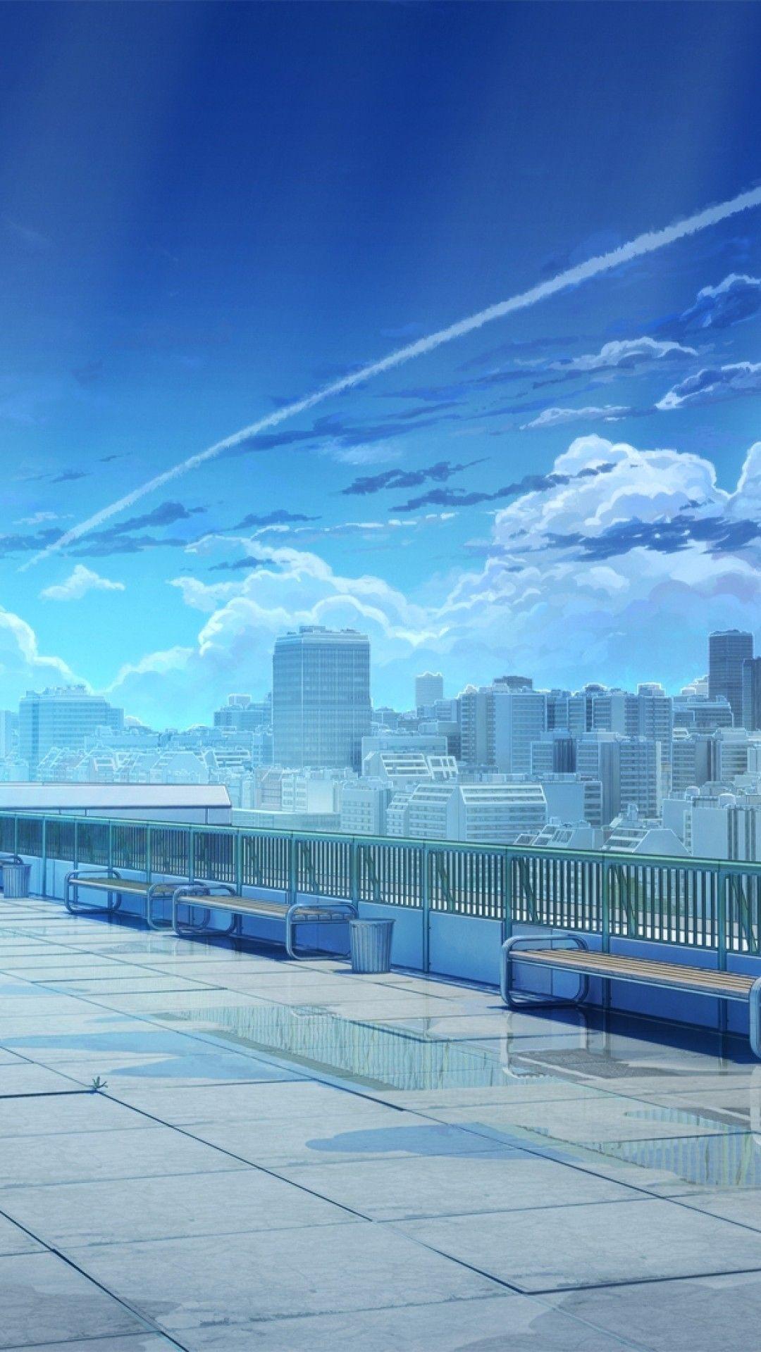 Download 1080x1920 Anime Landscape, School, Rooftop, Sky, Clouds