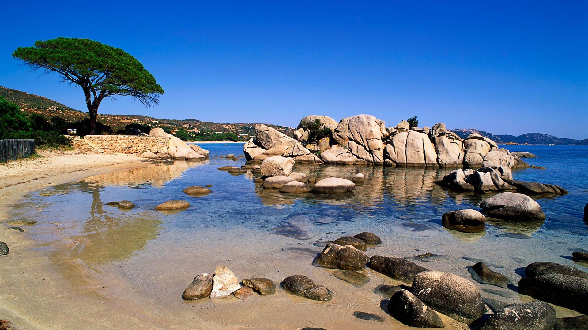 Beaches France Palombaggia Sky Shore Rock Sea Corsica Tree HD