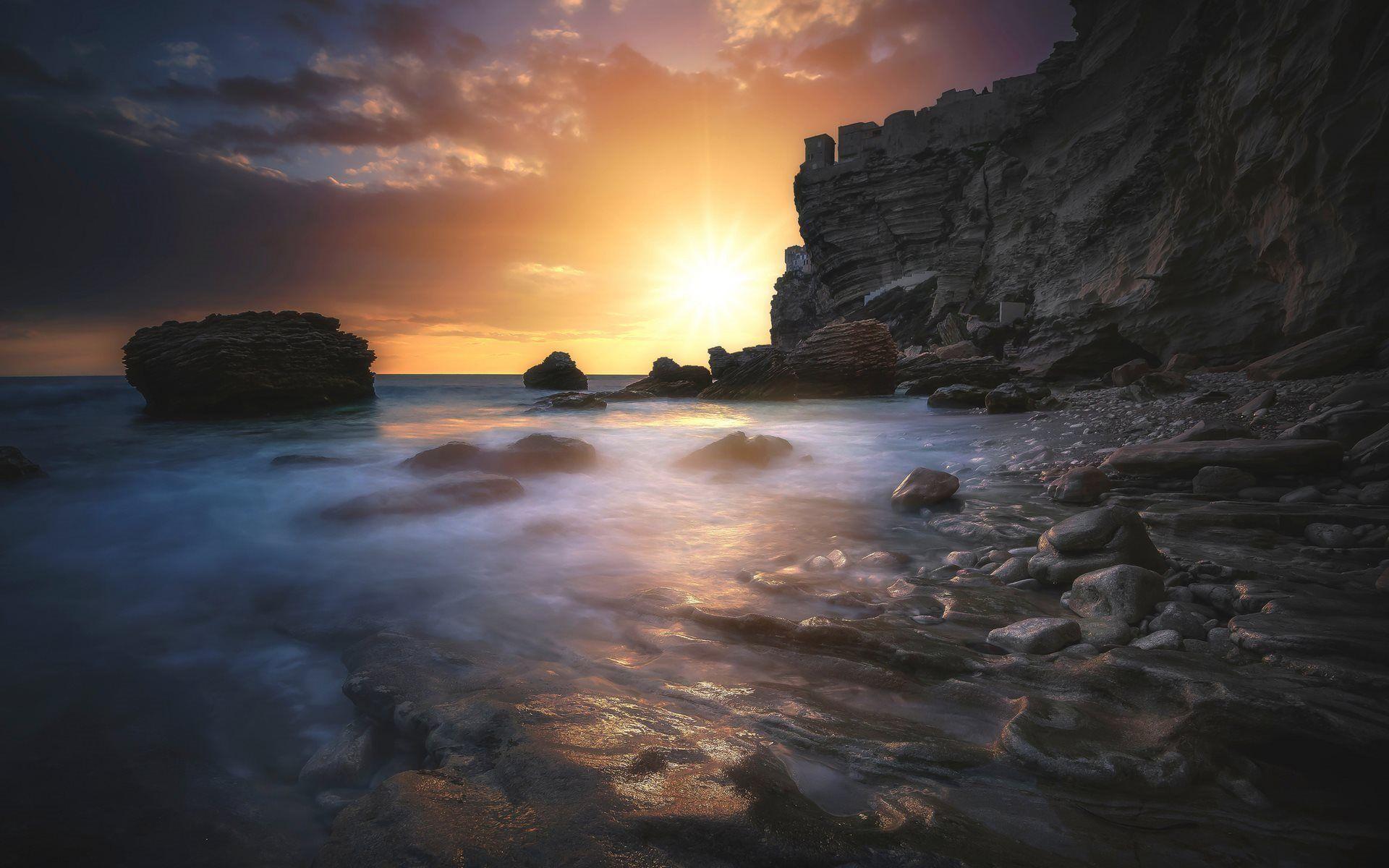 Download wallpaper sunset, sea, beach, rocks, corsica for desktop