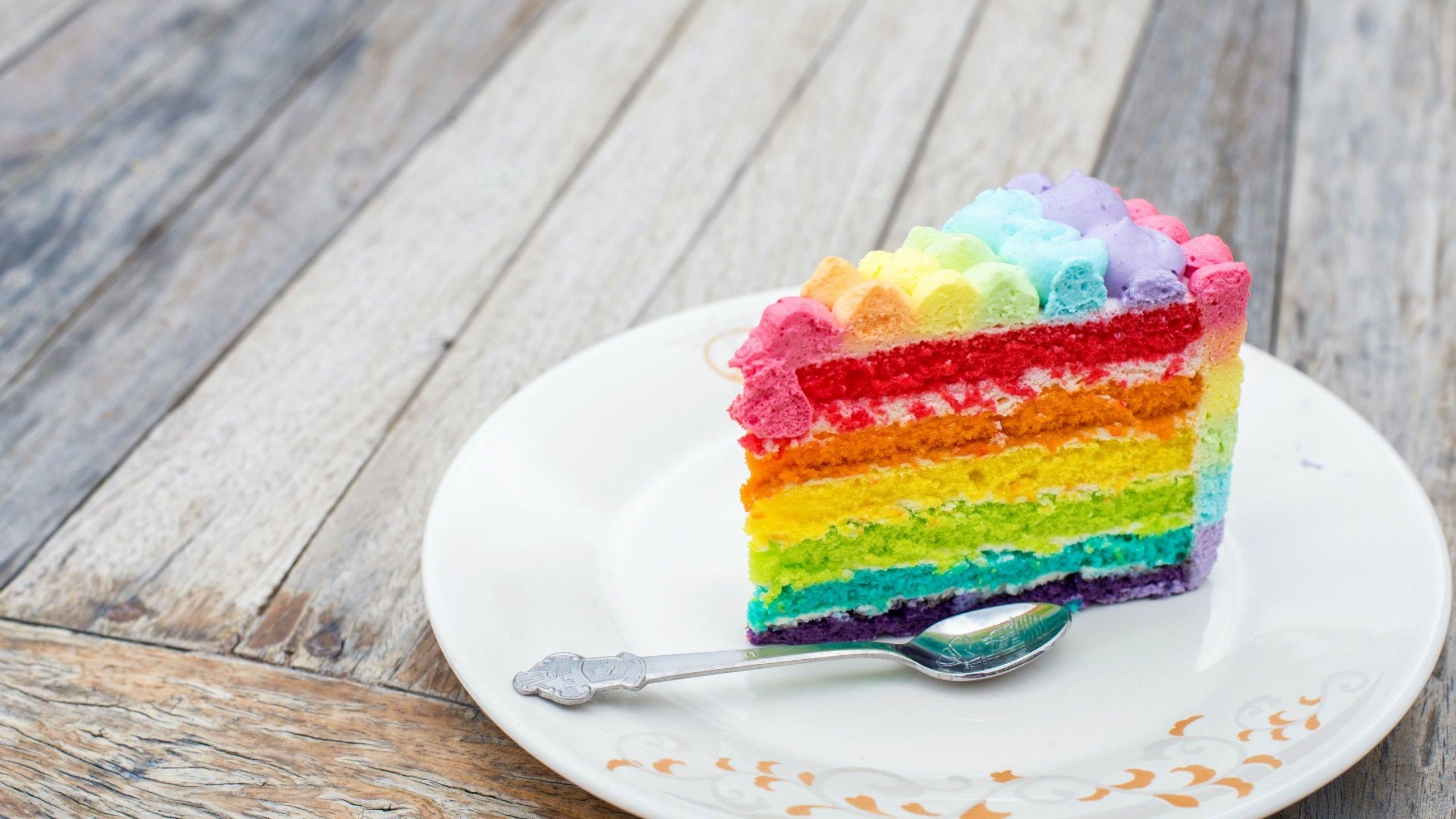 Download 2560x1440 Cake, Rainbow, Colorful, Spoon Wallpaper