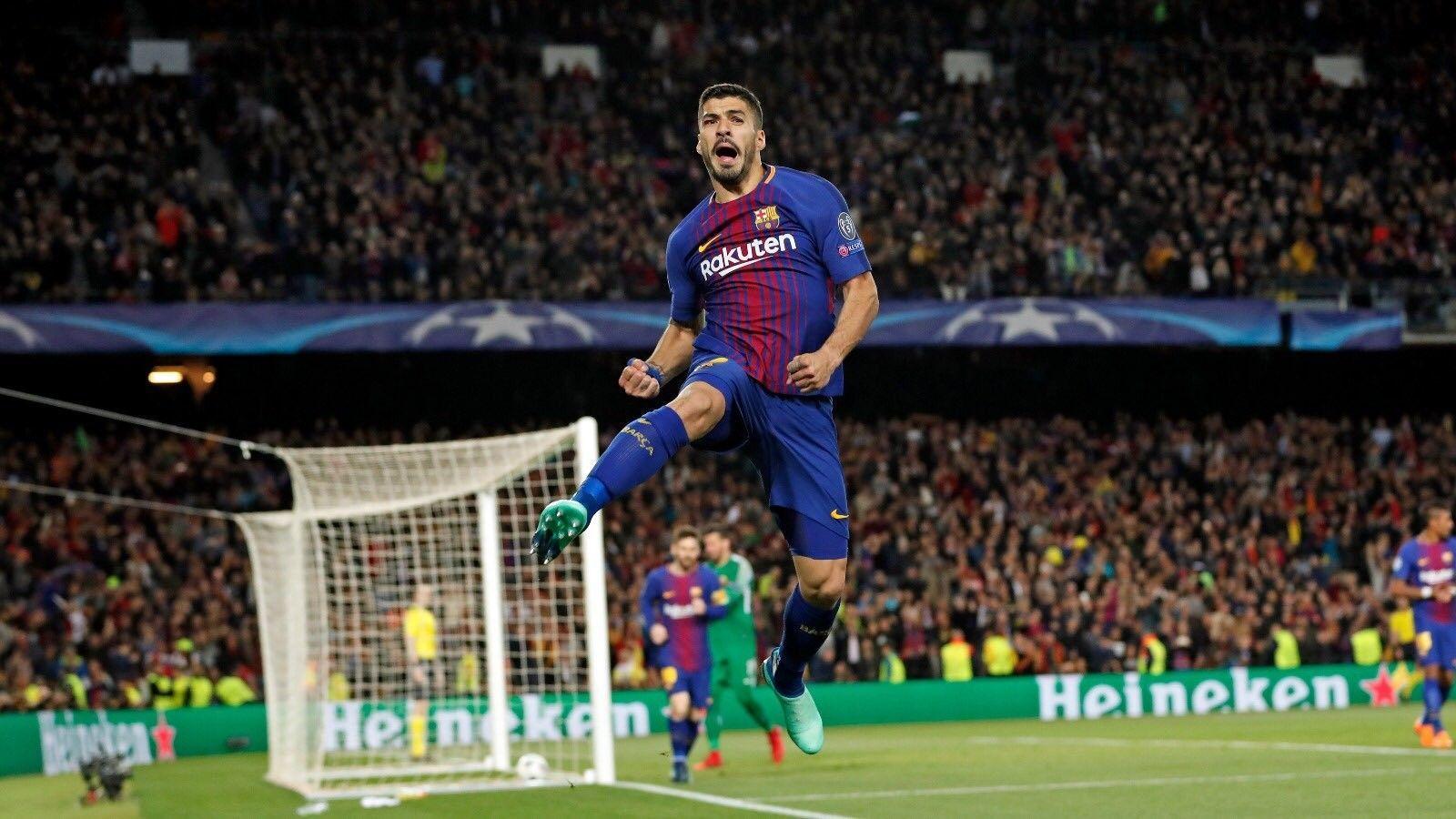 Luis Suarez scores against AS Roma in 2018 UCL quarter final. FCB FC
