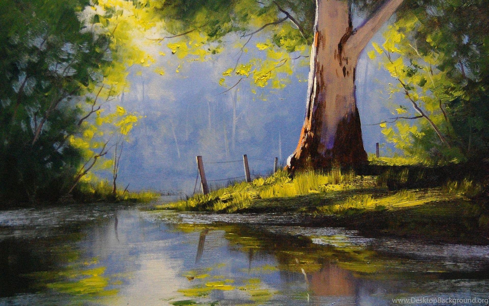 Big Tree and lake Oil Paintings HD Desktop Background