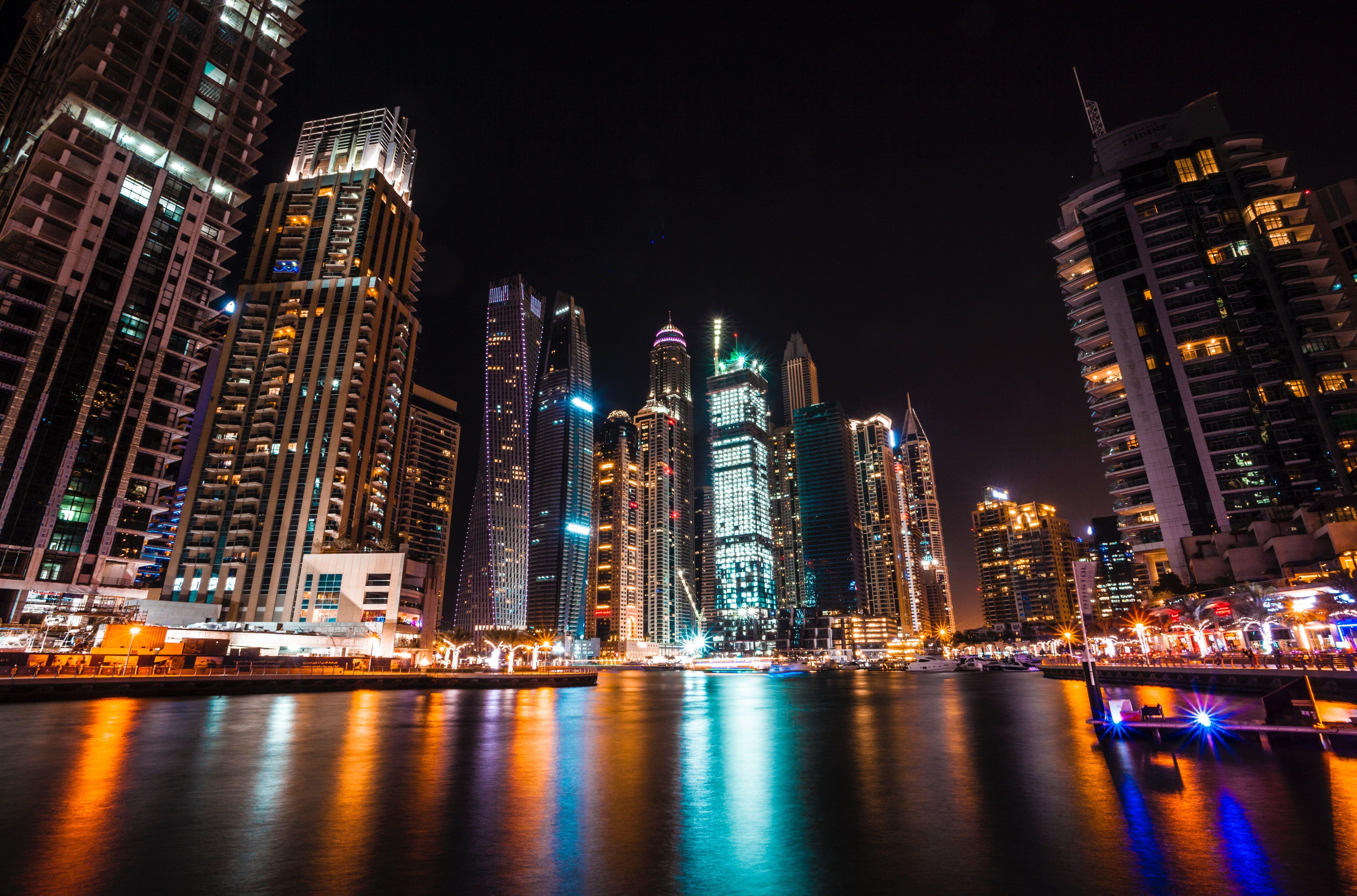 Night city lights, Dubai, United arab emirates, Skyscrapers HD