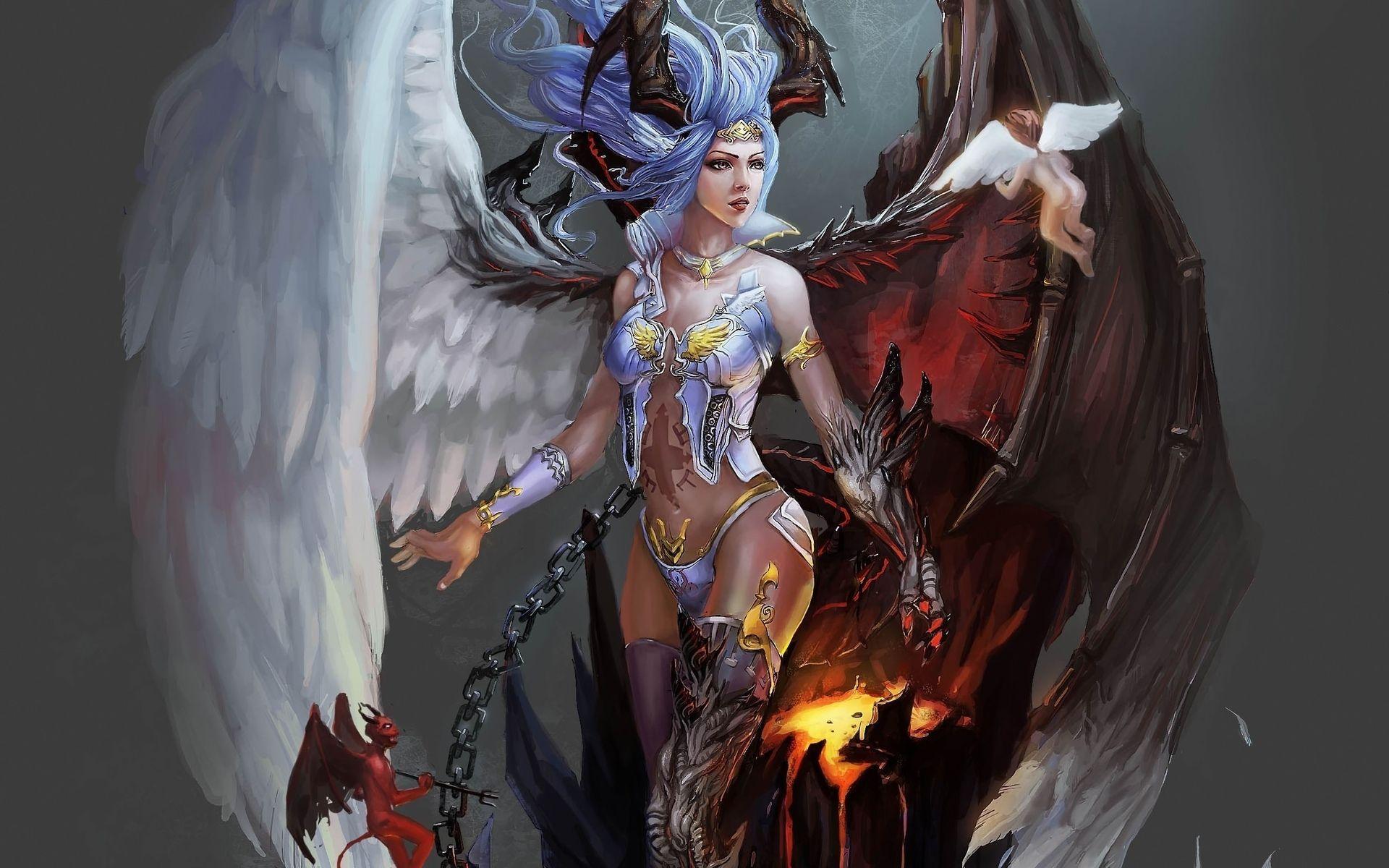 Fantasy demon angel wings chains fire magic good evil god goddess