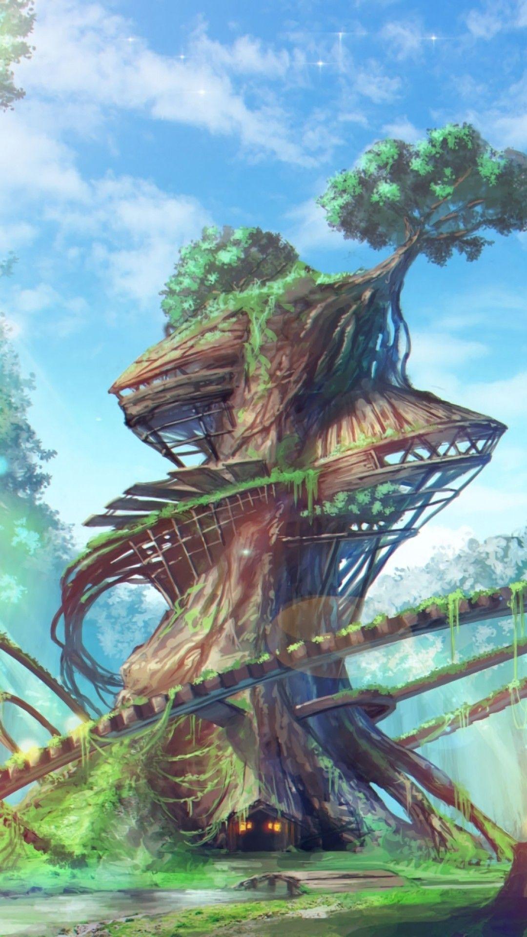 Download 1080x1920 Fantasy Forest, Tree House, Sunlight, Clouds