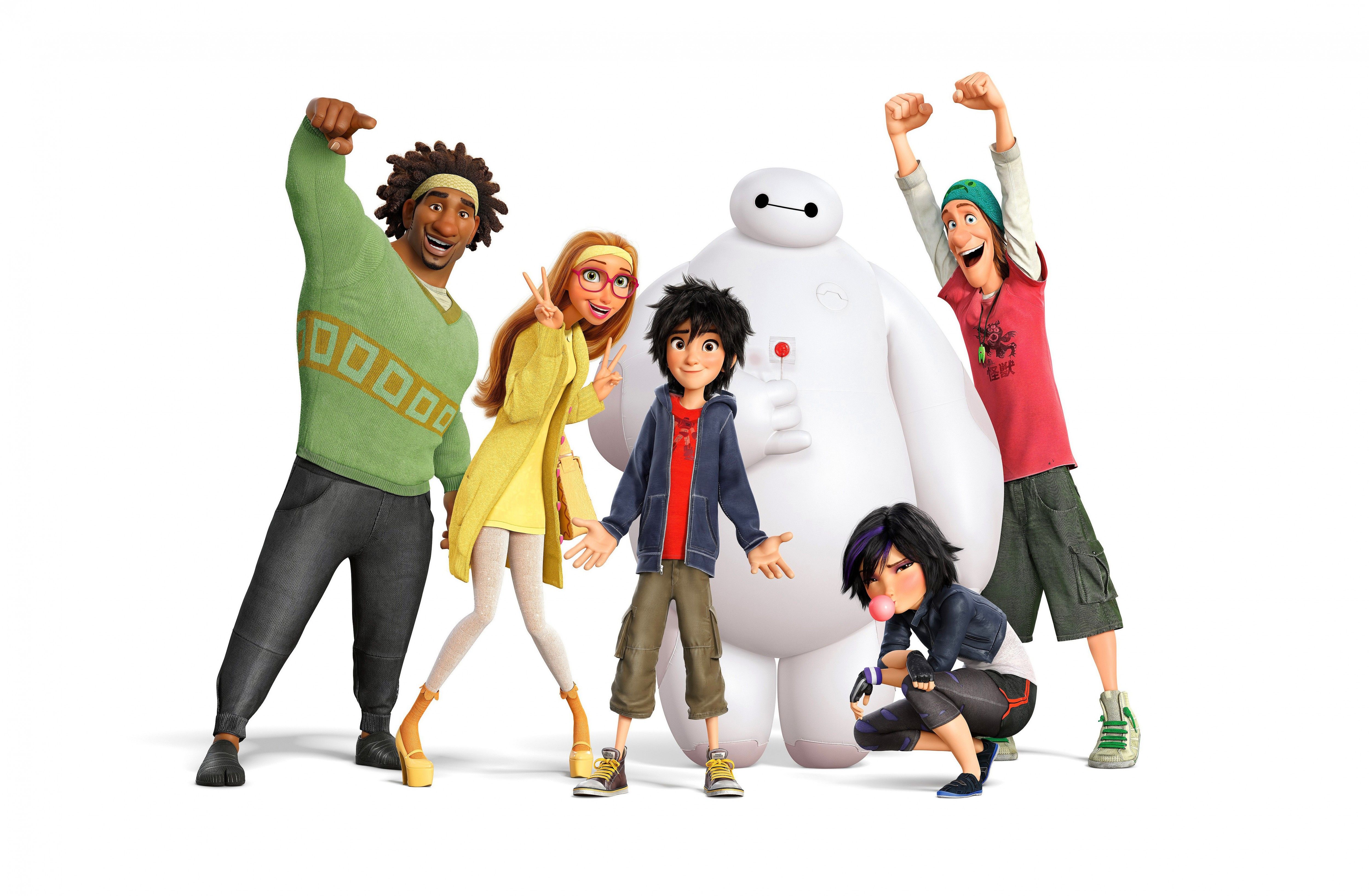 Wallpaper Big Hero 6, names, Baymax, Hiro, Wasabi, Honey Lemon, Fred