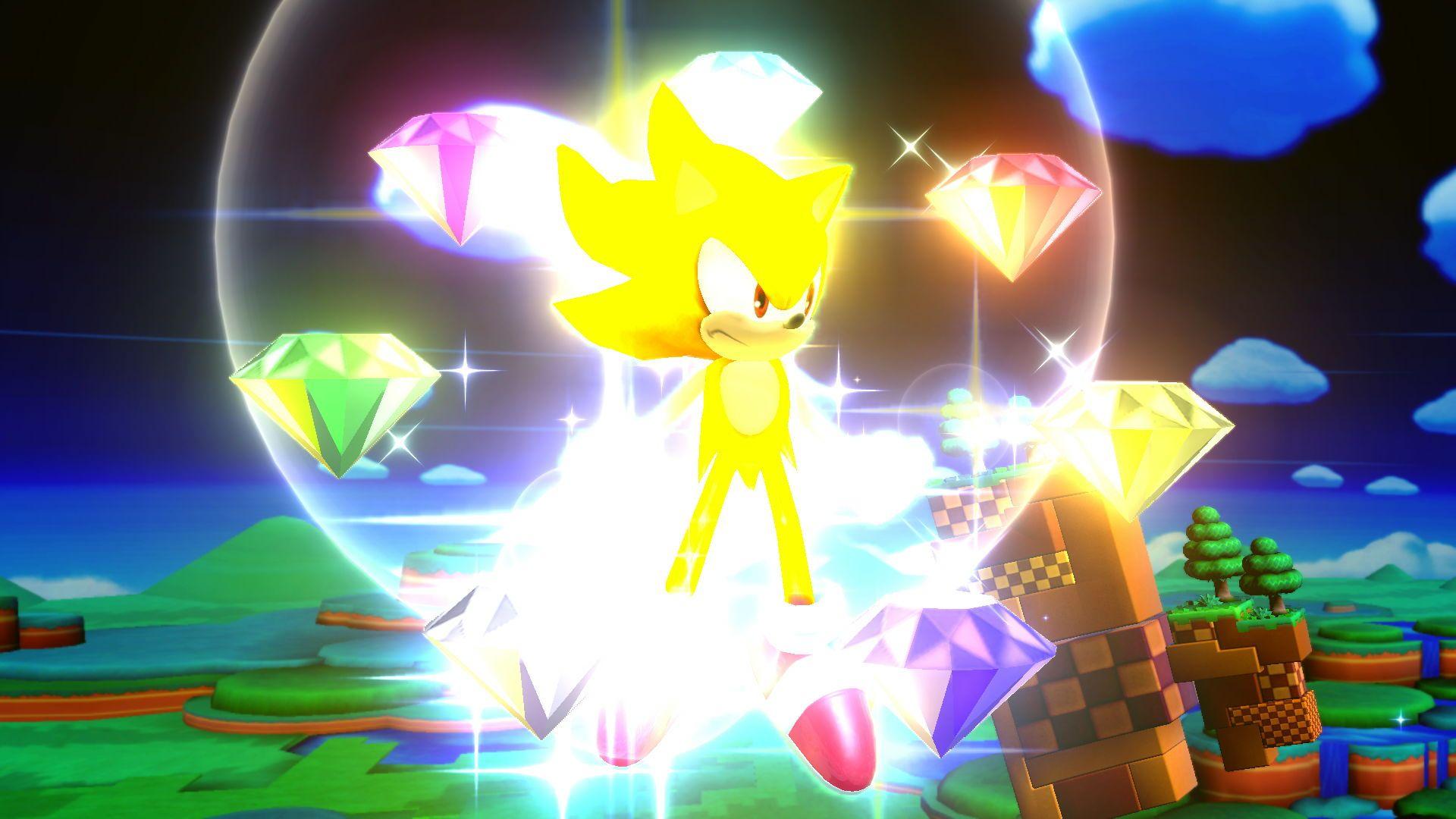 Super Sonic with the Chaos Emeralds in SSB Wii. Sonic