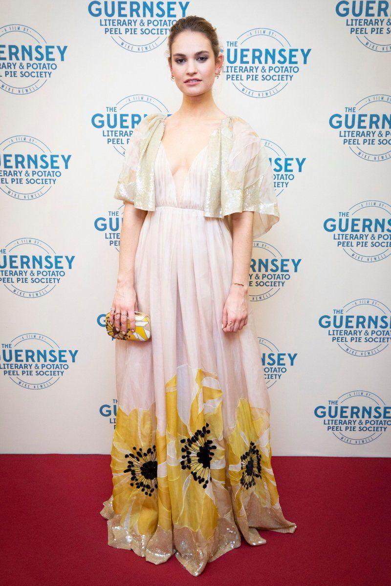 Lily James in Valentino attends 'The Guernsey Literary and Potato
