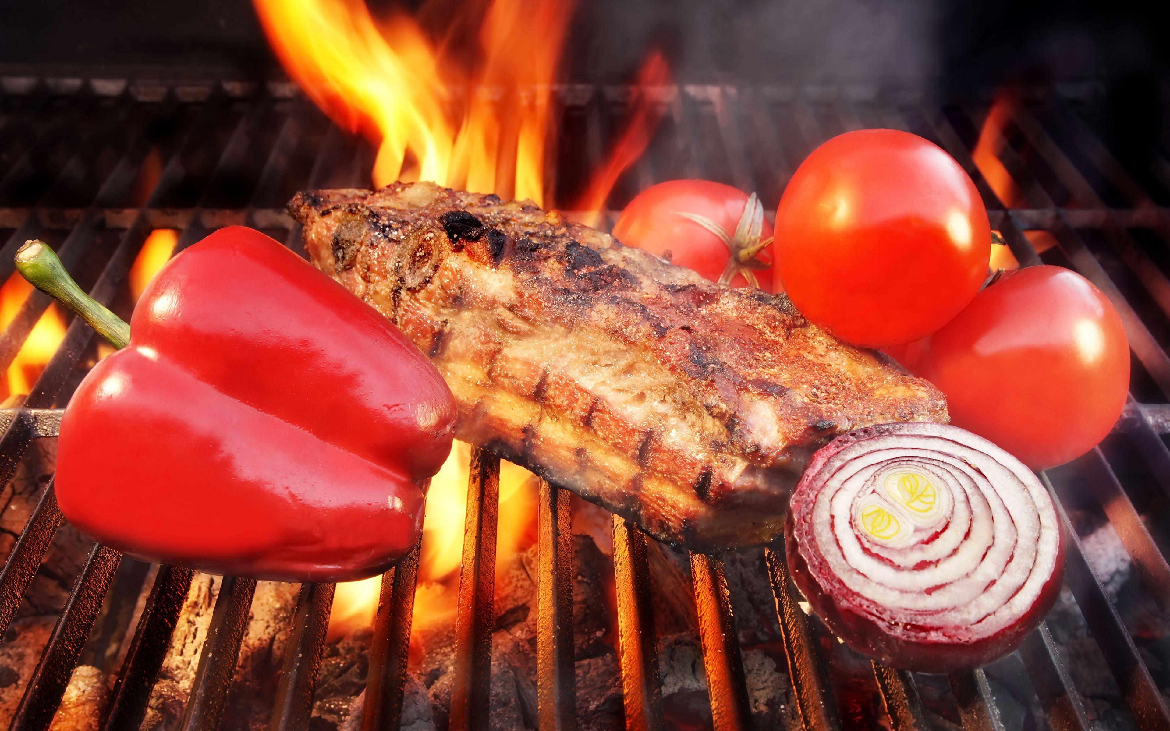 Wallpapers Onion Tomatoes Fire Food Pepper Meat products 3840x2400