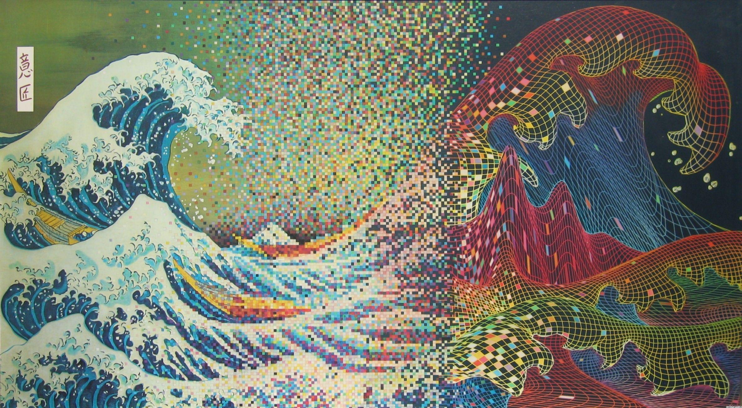 waves, vectors, rainbows, artwork, pixelated, The Great Wave off