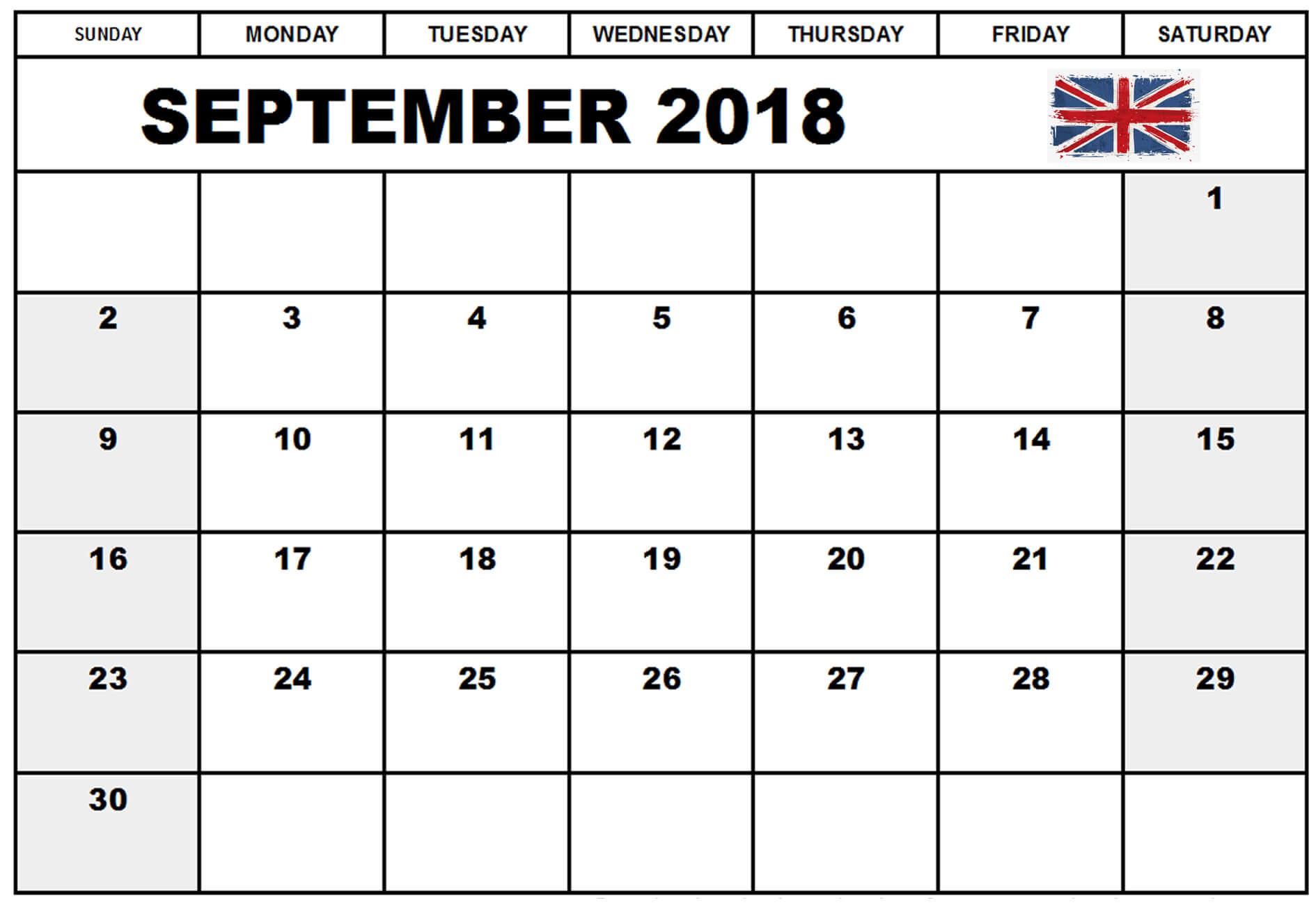 September 2018 Calendar Printable UK