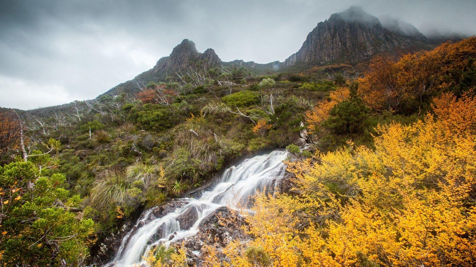 Village Valley Mountains forest River Sky and Waterfalls Wallpaper