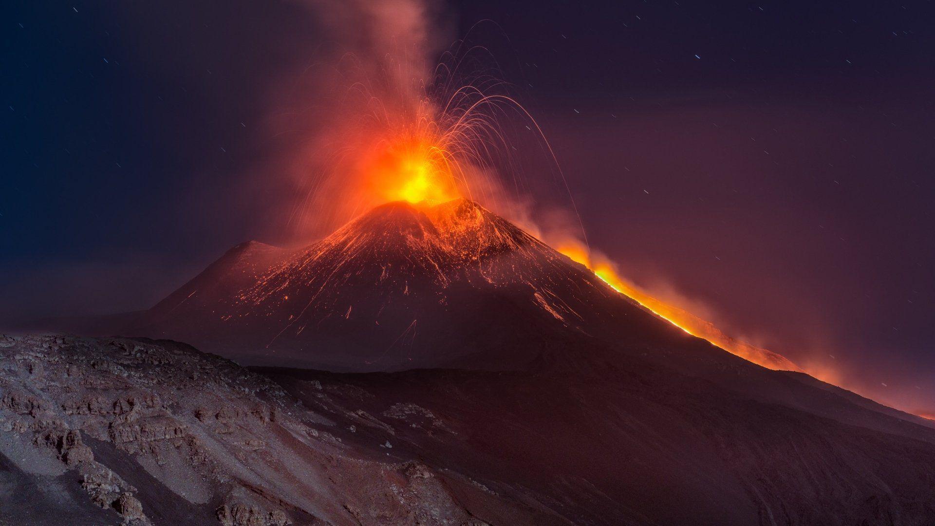 nature sicilia night mountain volcano etna eruption HD wallpaper