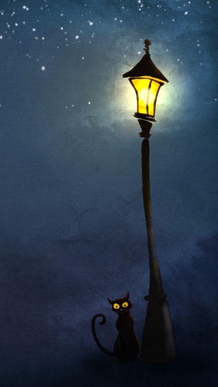 Night street light cat art iphone wallpaper hq