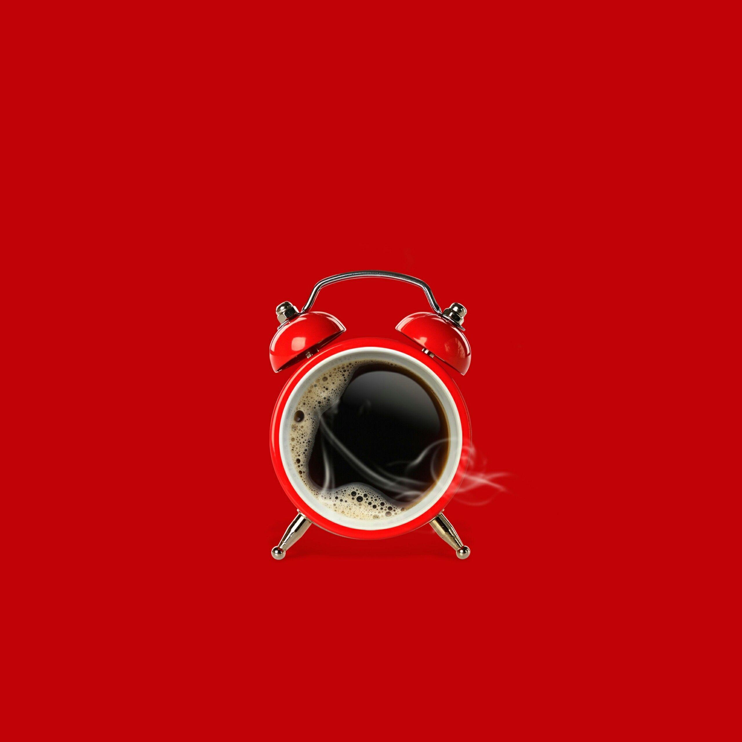 Red Coffee Cup And Alarm Clock Creative QHD Wallpaper
