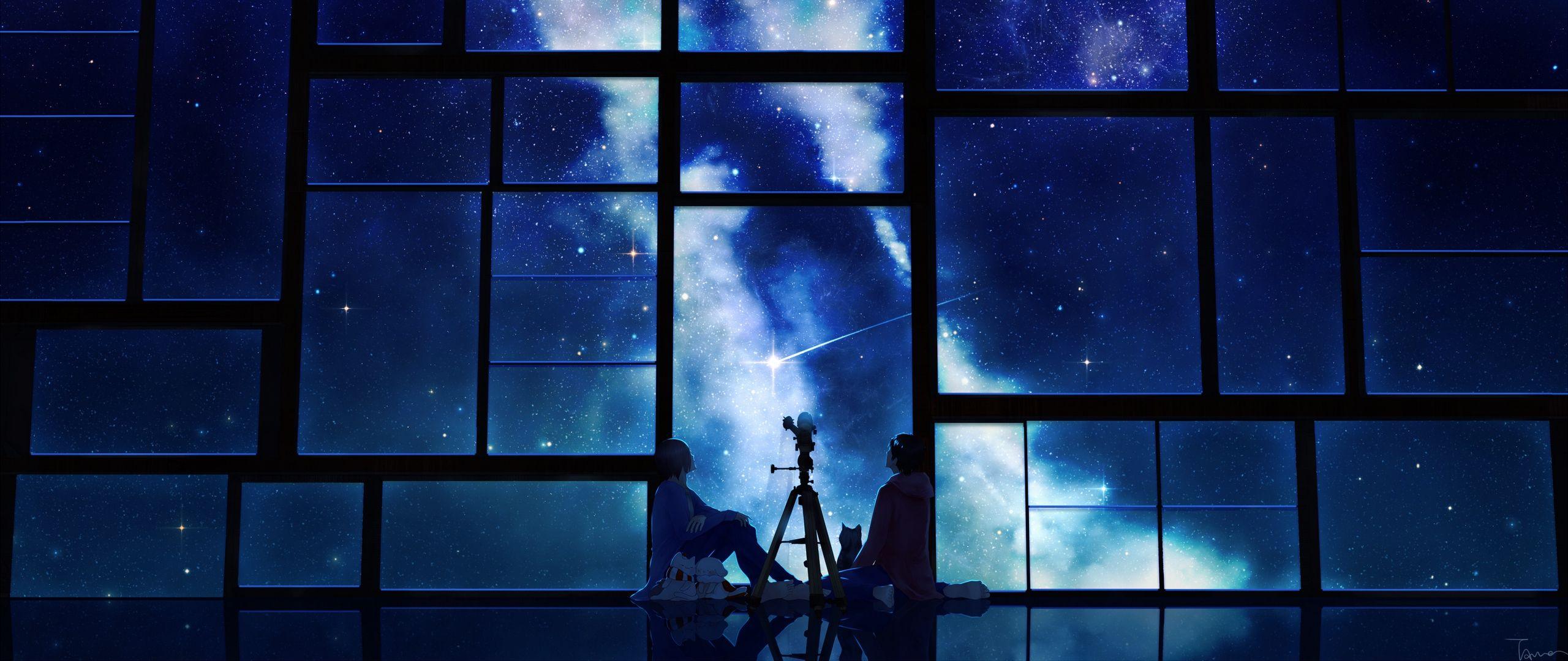 Download wallpaper 2560x1080 tamagosho, sky, stars, telescope, night