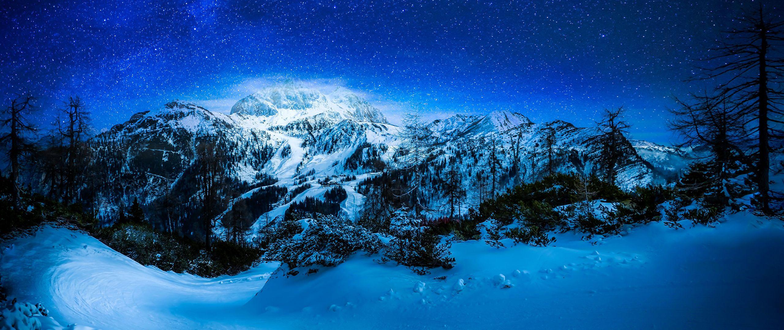 Wallpaper Stars Winter Nature Mountains Sky Snow Night 2560x1080