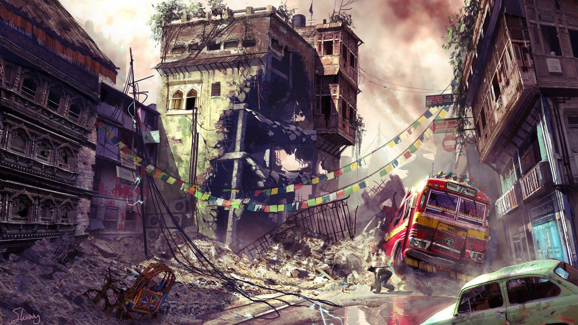 Download Wallpaper 1920x1080 uncharted, city, bus, car, destruction