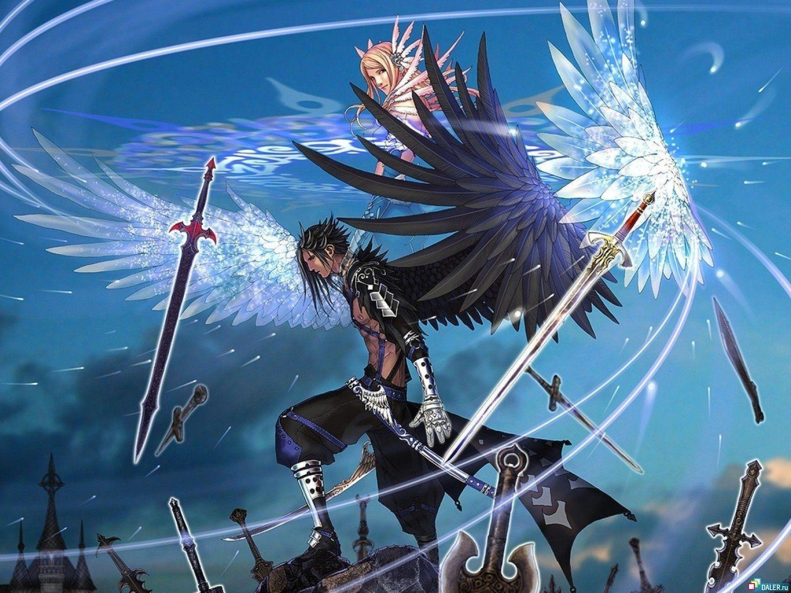 Anime characters wings angel male girl swords wallpaperx1200