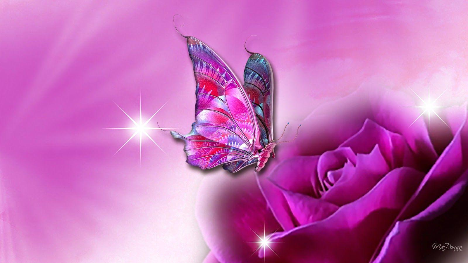 Pink Butterfly on Purple Flower wallpaper