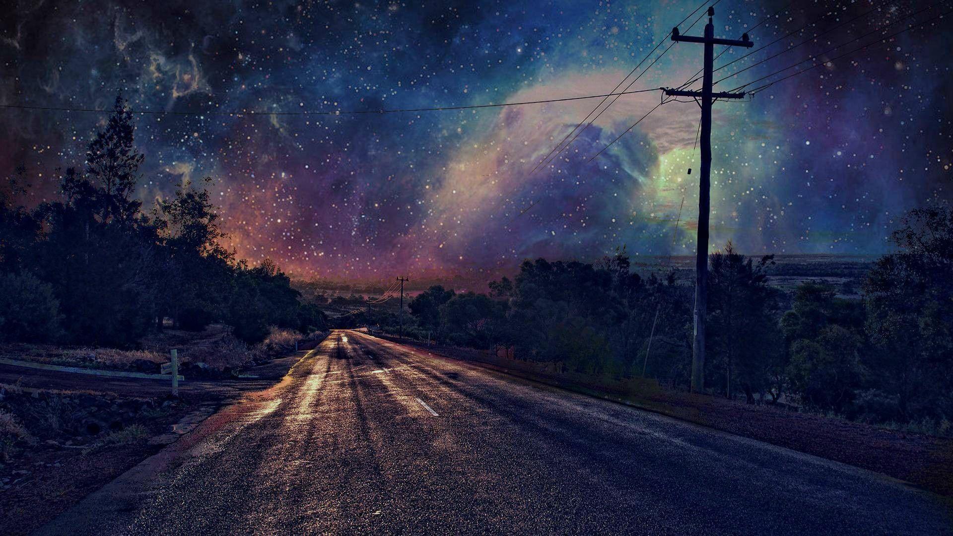 stars, night, utility pole, road 1920x1080px