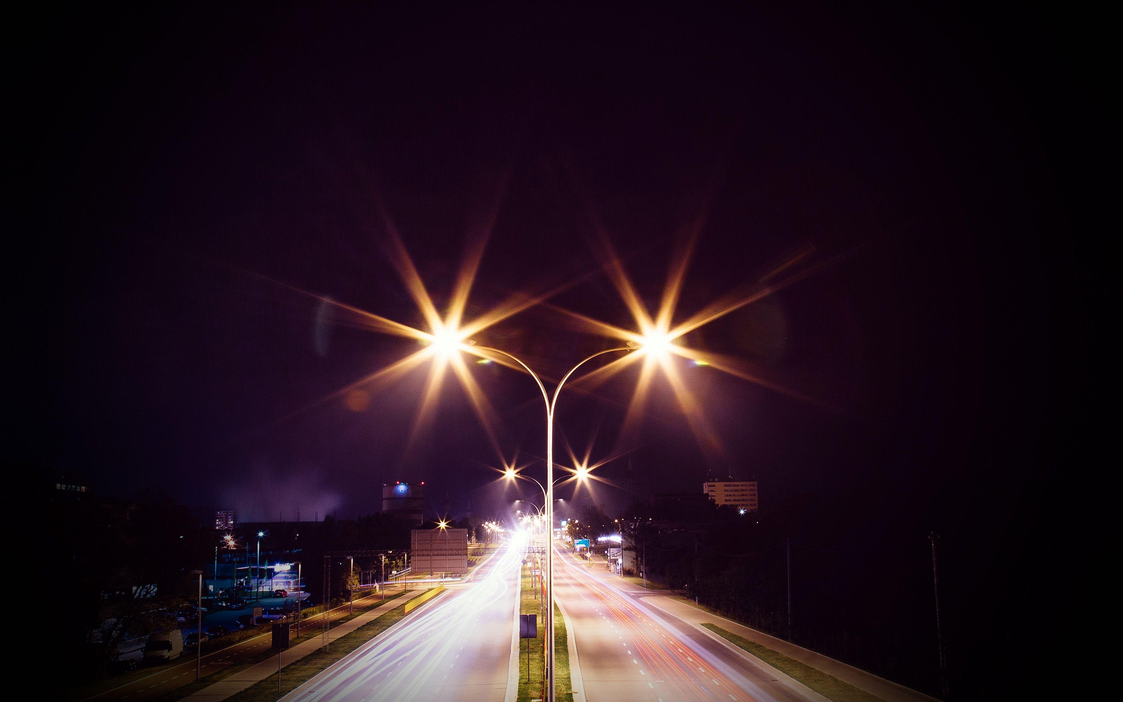 Night Road Exposure Dark Light City Car Vignette Wallpaper