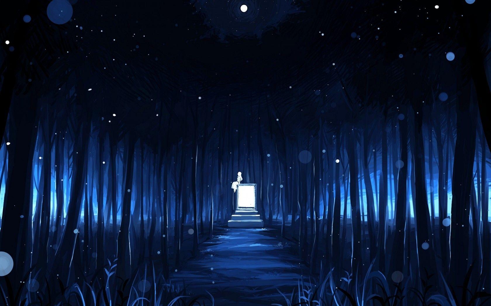 Download 1680x1050 Anime Landscape, Dark Forest, Stars, Moon