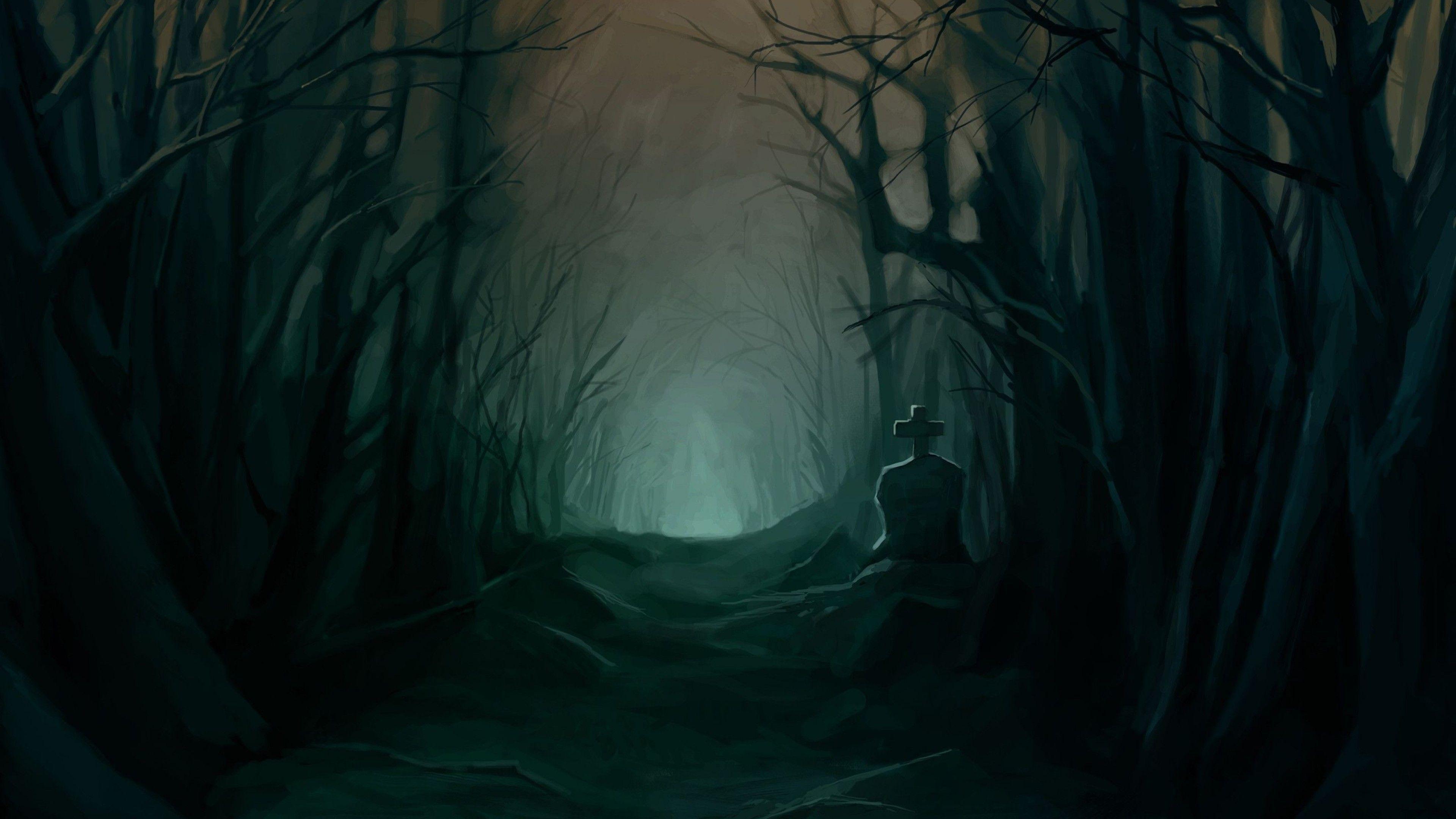 Download 3840x2160 Dark Forest, Creepy, Grave, Path, Scary, Trees