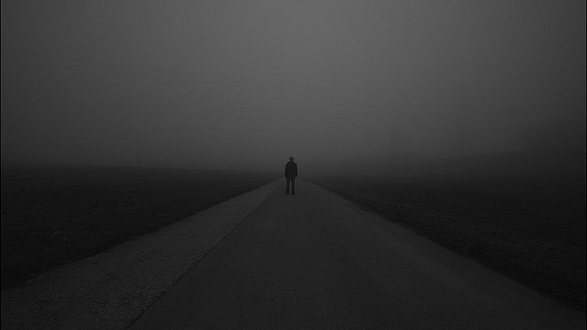 Dark fog lonely roads monochrome lone man loner wallpaper