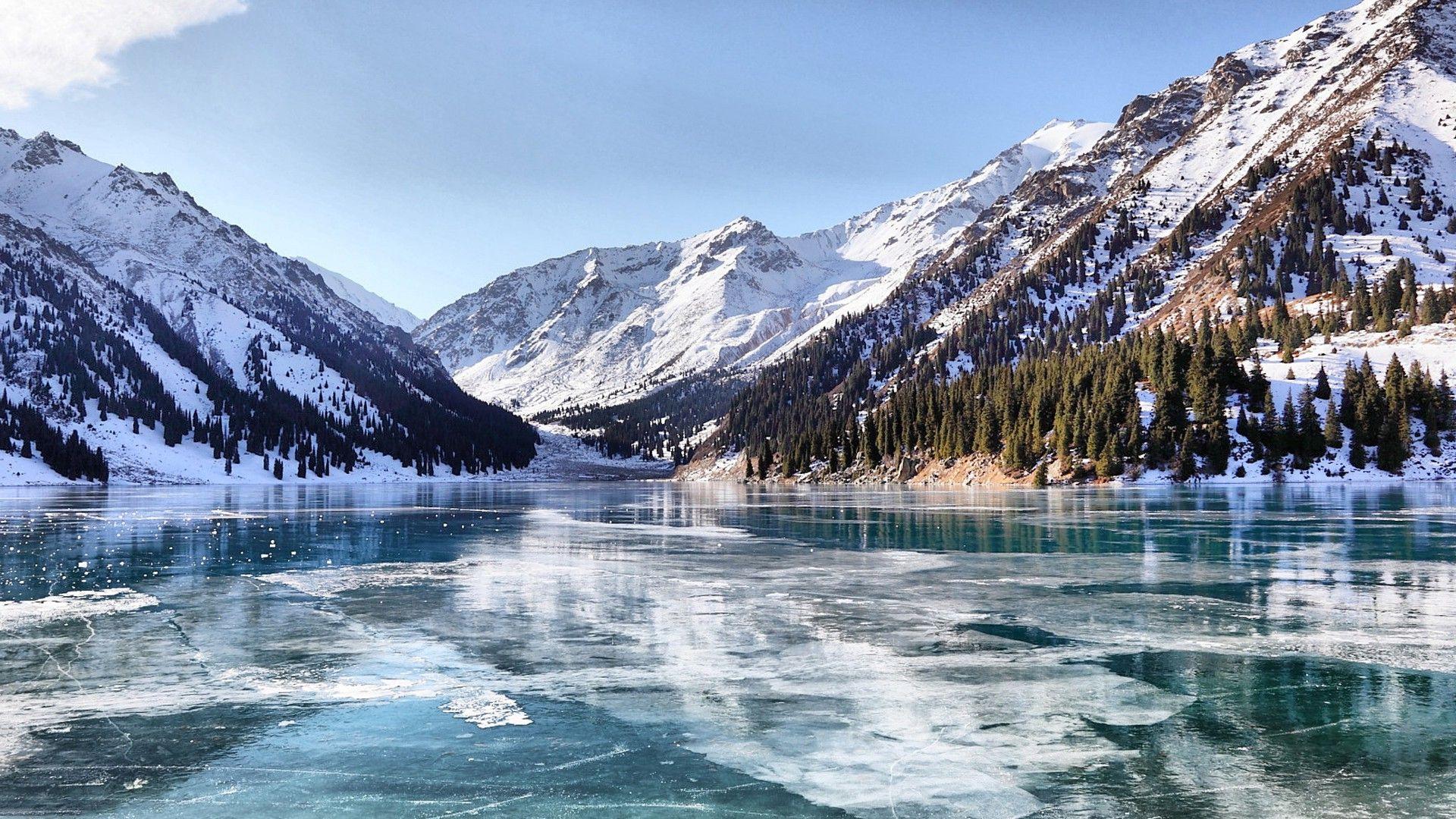 snow, Lake, Frozen Lake, Kazakhstan, Ice, Mountain, Landscape