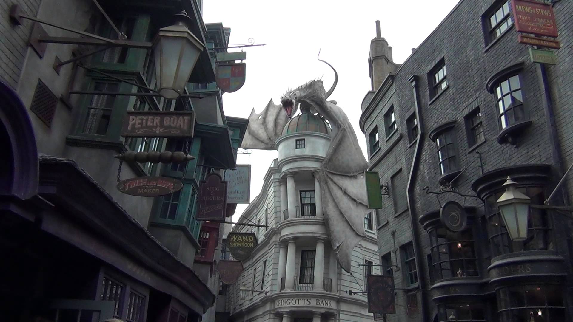 Dragon on the top of Gringotts at Diagon Alley Breathing Fire.