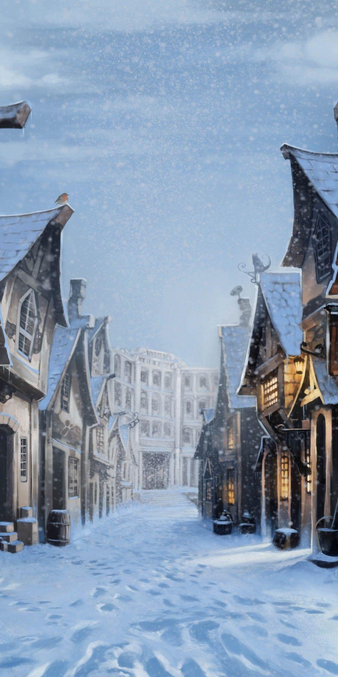 Download 1080x2160 Diagon Alley, Harry Potter, Snow, Artwork