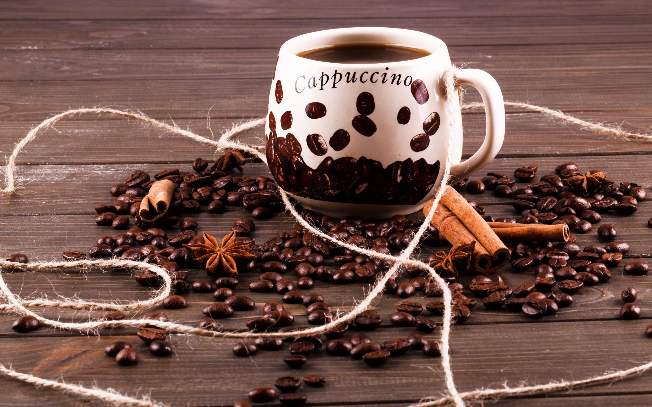 Download wallpaper Cappuccino, coffee beans, white cup, coffee