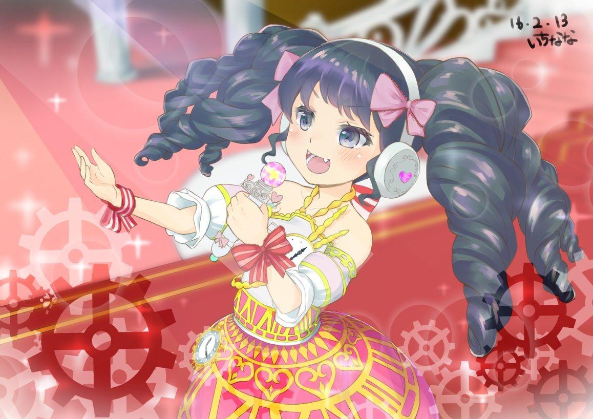 black eyes black hair blush bow fang headphones microphone mokyutan