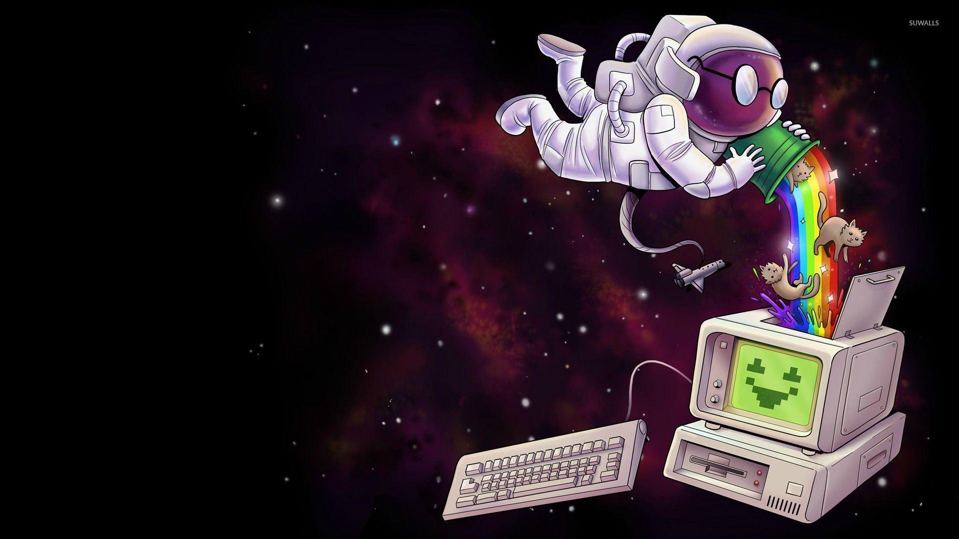 Astronaut gathering nyan cats in a computer wallpaper