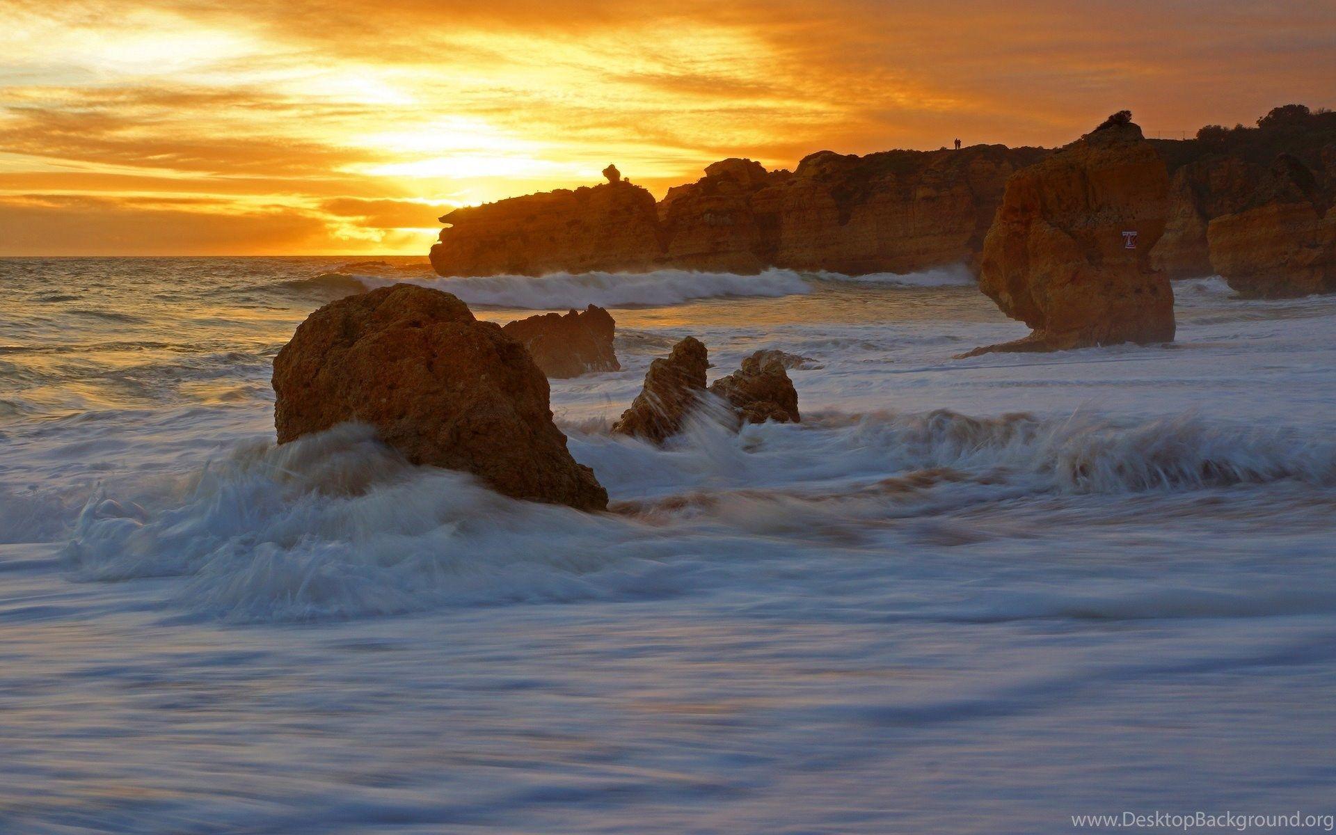 Portugal Atlantic Ocean Cliffs Coast Surf Sun Wallpaper. Desktop