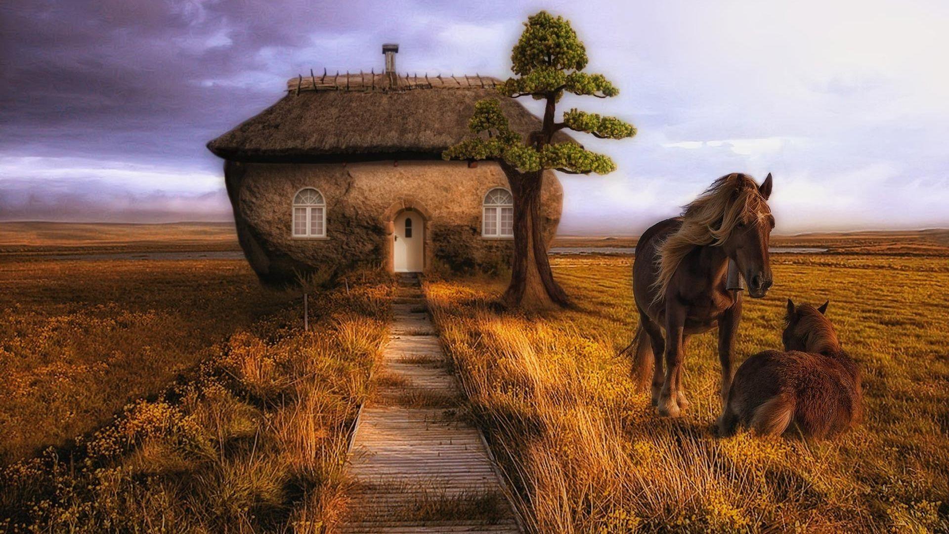 Download Wallpaper 1920x1080 horse, couple, building, trees, grass