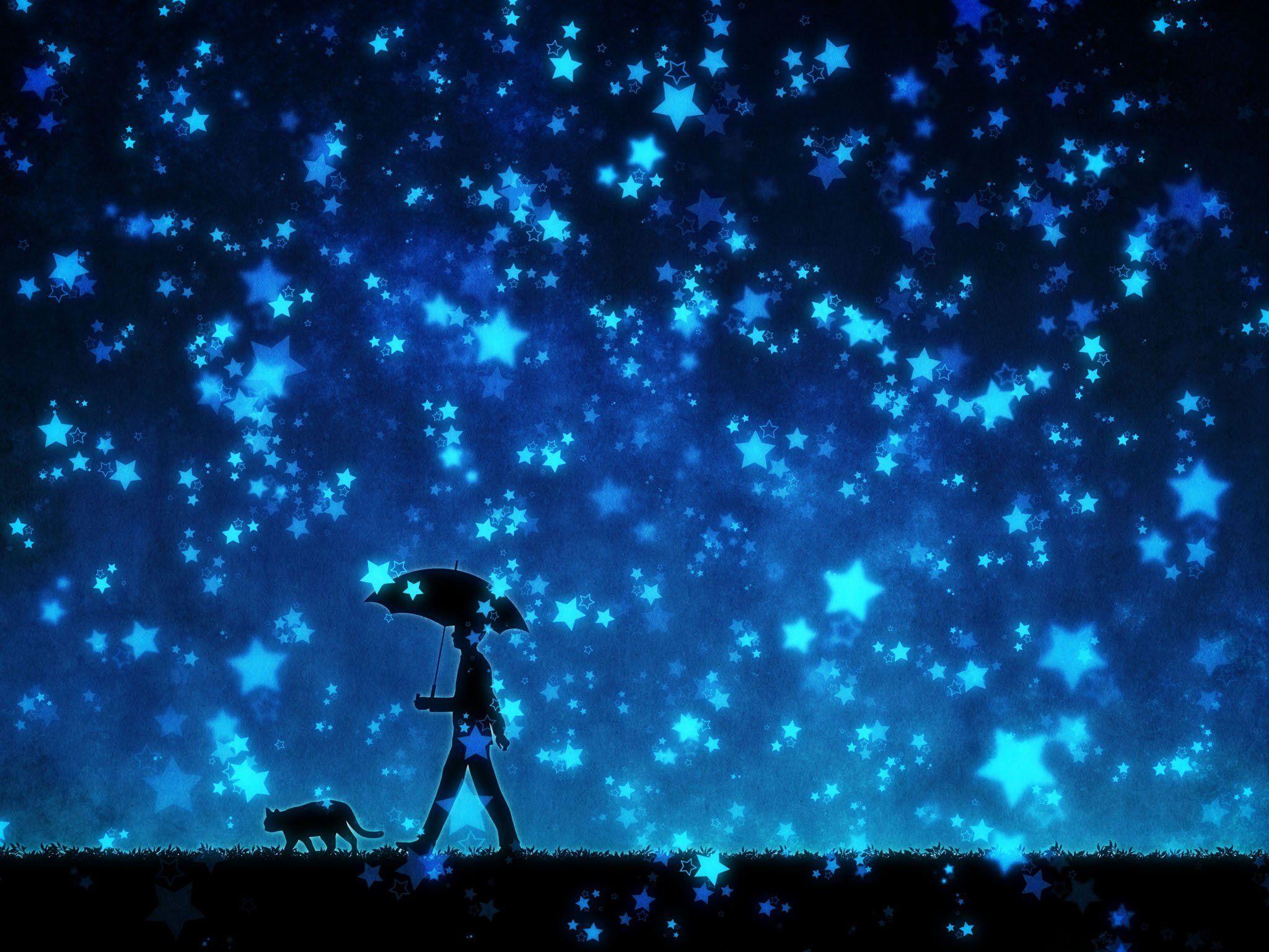 Original stars umbrella cat male anime blue night wallpaper