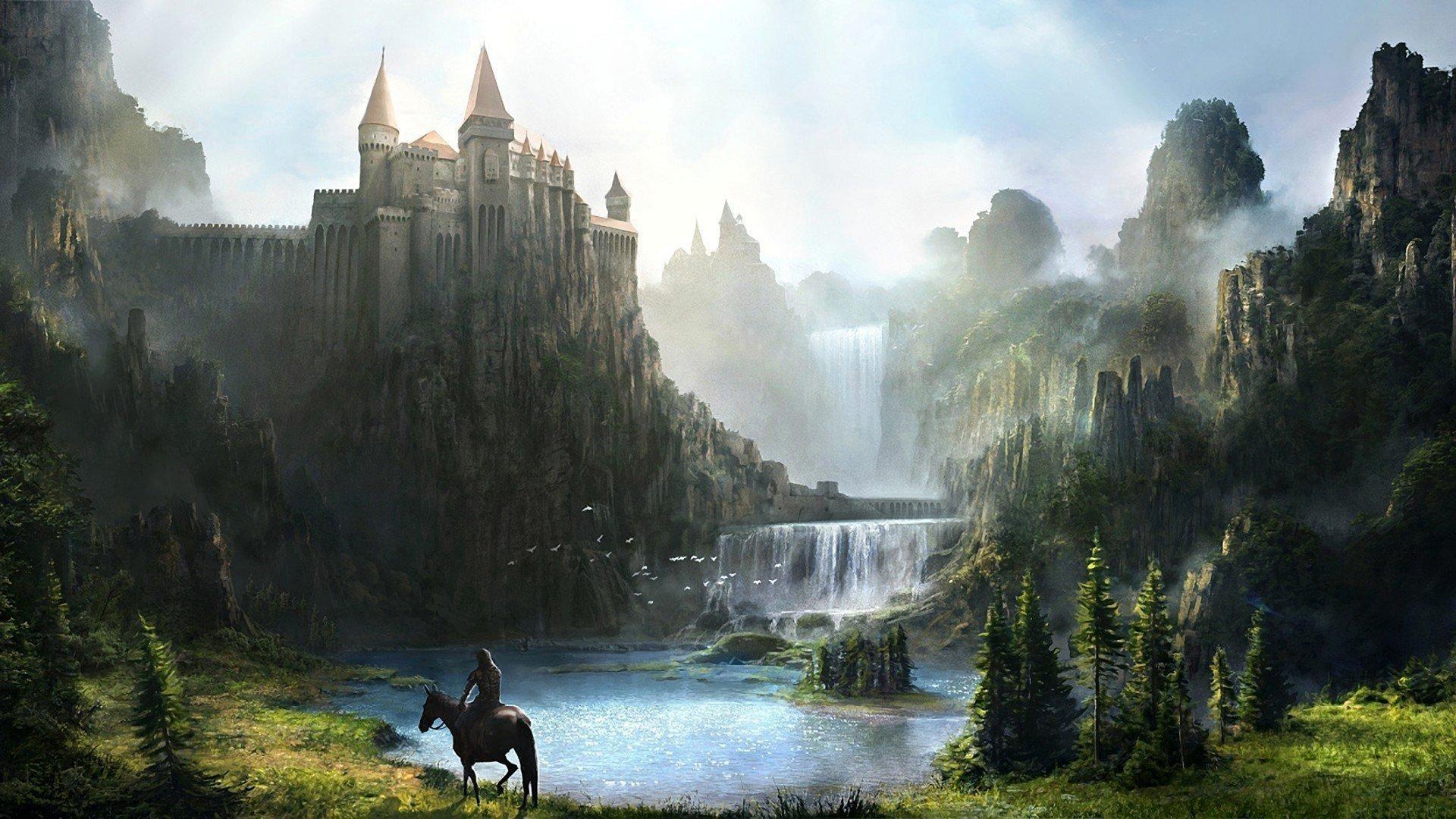Full HD Wallpaper kingdom castle rock waterfall wanderer, Desktop