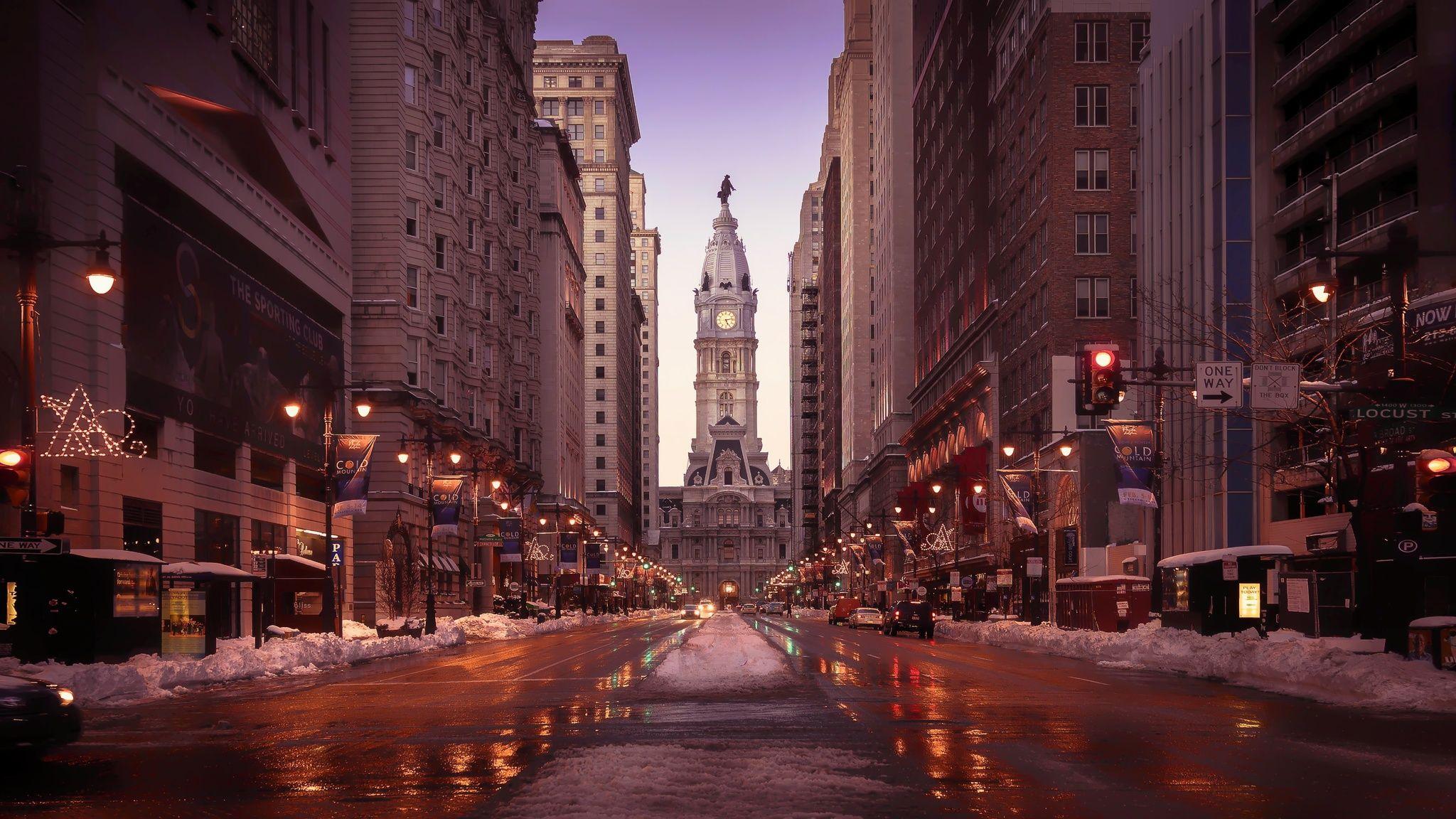 Philadelphia Streets Tall Buildings Road Snow 2048x1152