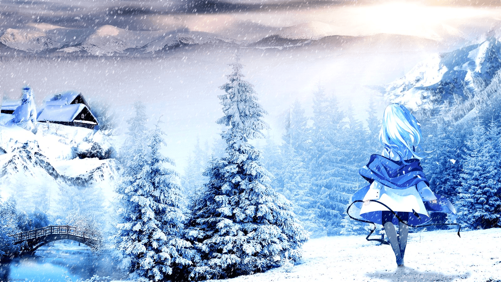 Premium AI Image | anime style A snowy scene with a bench and trees in the  foreground