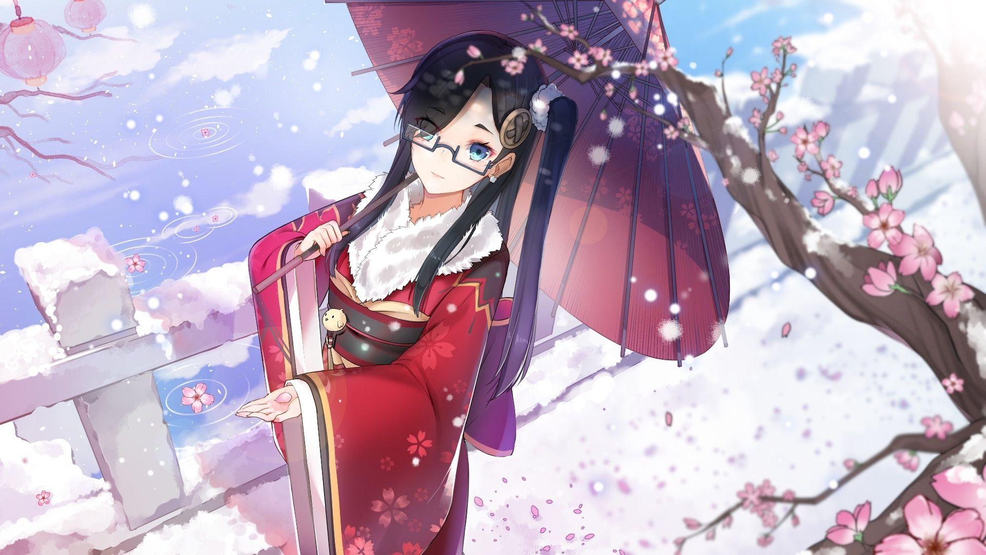 Download 1920x1080 Anime Girl, Kimono, Meganekko, Umbrella, Winter