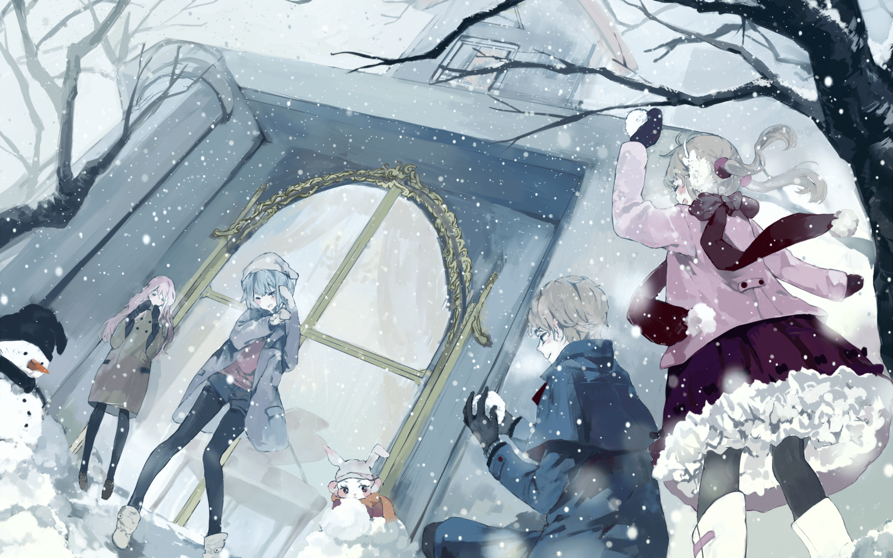 Download 2880x1800 Anime Winter, Snow, Tree, Snowball, Snowman
