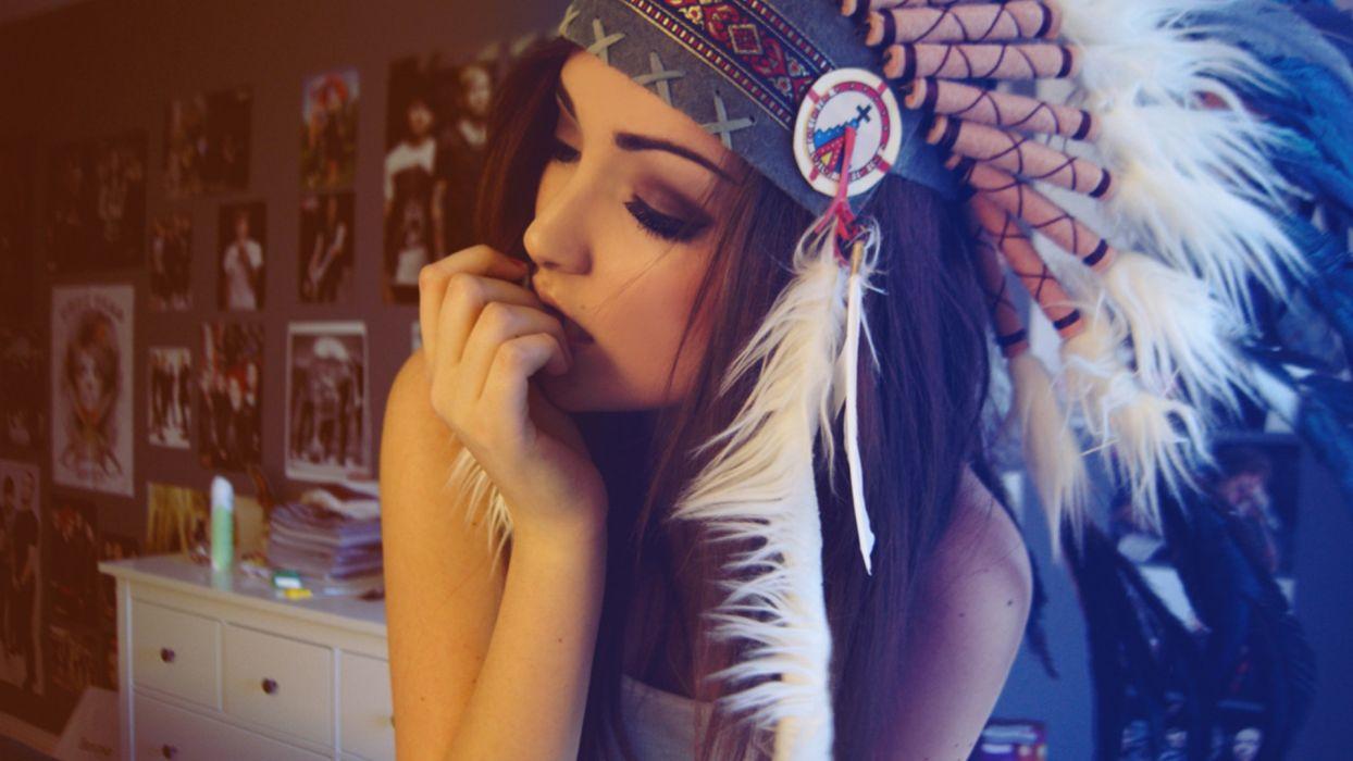 Girl wearing red indian colorful feathers hat wallpaperx1080