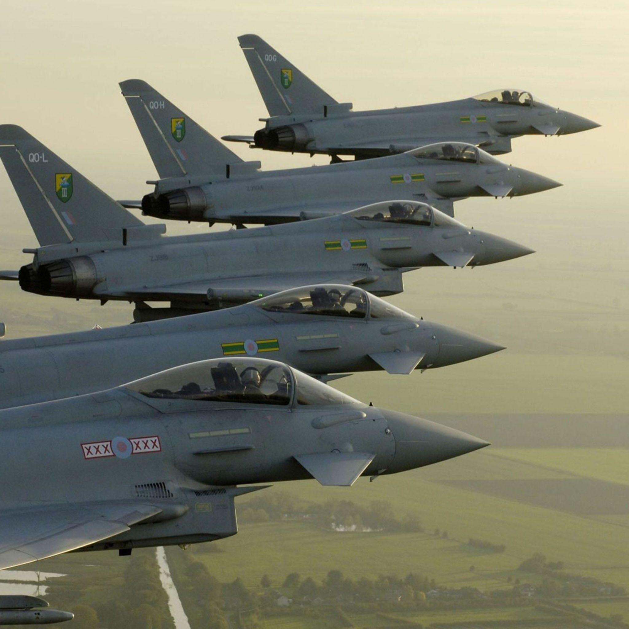 Five gray military aircrafts, Eurofighter Typhoon, jet fighter