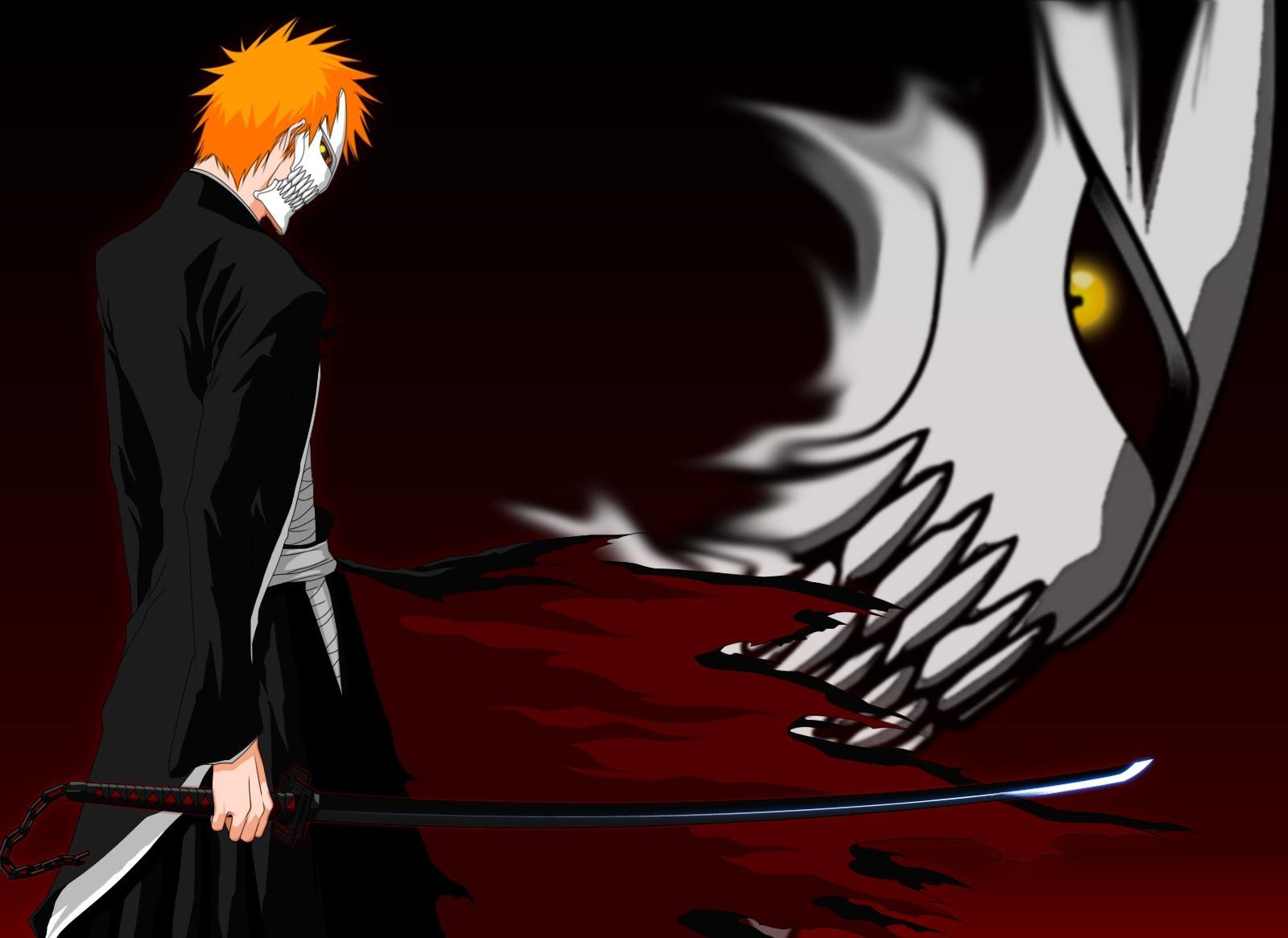 kurosaki ichigo red background weapons hair