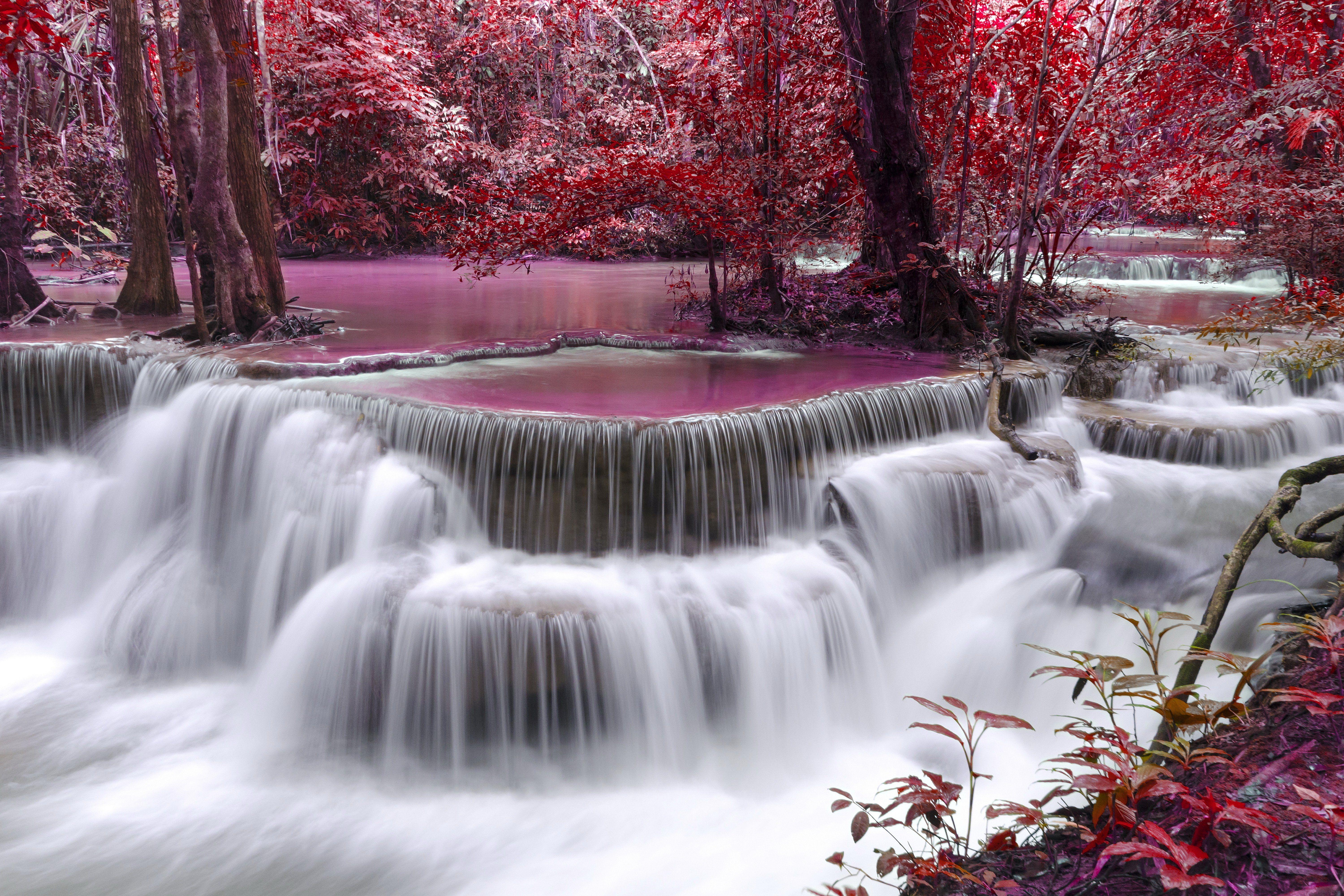 Waterfall river Flow Autumn Purple wallpaperx4000