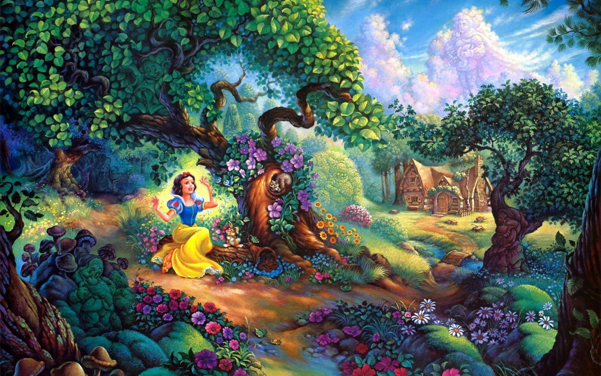 Download wallpaper 1920x1200 snow white, fairy forest, trees, house